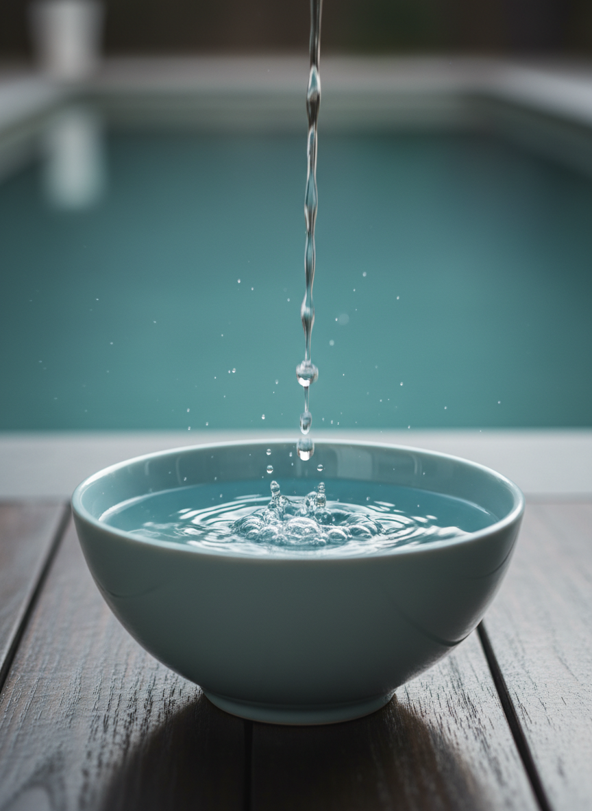 A detailed close-up of a smooth, pale-blue ceramic water bowl resting on a dark wooden deck beside a calm pool. A single stream of water pours into the bowl from an unseen spout, captured mid-flow in crystalline clarity, creating tiny ripples and delicate bubbles on the surface. Fine droplets splash upward, catching soft, natural light from a nearby window and forming sparkling highlights. The background features the blurred, glassy surface of the pool in muted turquoise tones. The mood is intimate and restorative, evoking trust, care, and slow, intentional movement. Shot at a low angle with shallow depth of field, the pouring water is sharply focused while everything else gently softens. The photographic realism and refined color palette express a sophisticated wellness environment.