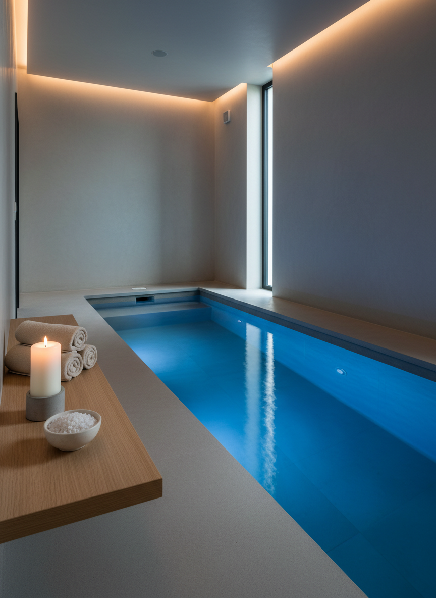 A serene spa room featuring a rectangular hydrotherapy pool embedded in smooth, light-grey concrete flooring. Gentle underwater LEDs cast a soft, sapphire glow that illuminates the water from within, creating gradients of blue that feel enveloping and warm. Along one side, a sleek wooden shelf holds neatly rolled ivory towels, a small ceramic bowl of bath salts, and an unlit, minimalist candle. The room is lit by a combination of dim recessed ceiling lights and diffused daylight from a high clerestory window, establishing an intimate yet airy atmosphere. Shot from a slightly elevated corner angle, the composition leads the eye along the edge of the pool, emphasizing depth and sanctuary. The photographic style is clean, luxurious, and contemporary, radiating quiet confidence and deep relaxation.