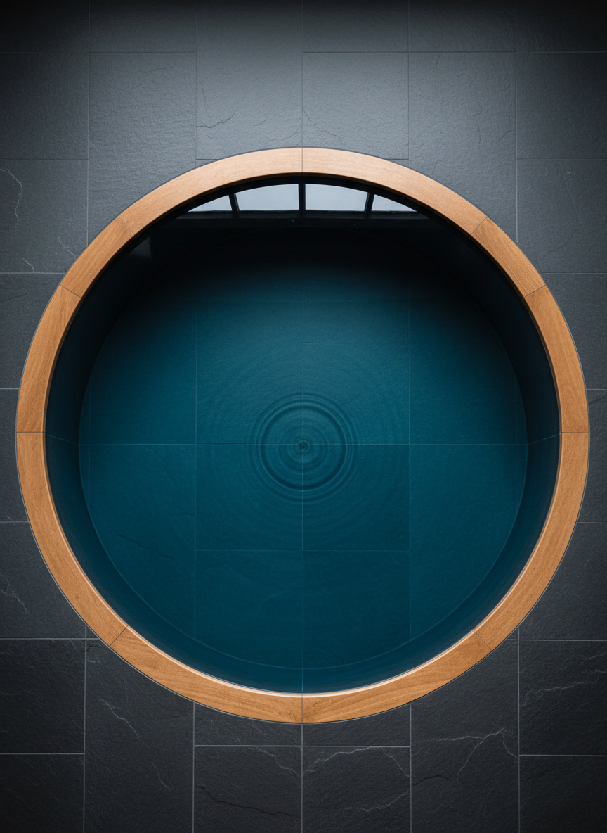 An abstract, overhead photographic view of a perfectly still, circular pool framed by dark slate tiles, emphasizing geometric harmony and balance. The water is a deep, inky blue with a subtle gradient toward lighter teal near the edges, mirroring a skylight above that remains unseen. Tiny, almost imperceptible ripples create concentric lines that suggest gentle movement and breath. Around the pool’s edge, a narrow band of warm, natural wood adds contrast and sophistication. The lighting is soft and ambient, as if filtered through high windows, creating an overall sense of sanctuary and introspection. The composition is minimalist and symmetrical, with sharp focus throughout to highlight textures of stone, wood, and water. The mood is contemplative and luxurious, perfectly suited to a refined water therapy and wellness brand.