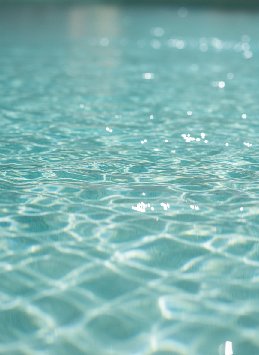 A close-up of silky, turquoise water in a shallow pool, capturing the intricate patterns of light and shadow on the surface. Tiny, shimmering highlights trace the gentle waves, revealing the soft gradient from light teal to deep cerulean. Beneath the surface, pale sand-colored tiles add a subtle geometric structure. The lighting is soft and indirect, like an overcast day through a skylight, creating a soothing glow without harsh contrasts. The mood is meditative and luxurious, evoking tension release and weightlessness. Shot from a slightly elevated angle with a shallow depth of field, the foreground ripples are in crisp focus while the background dissolves into smooth, abstract bokeh. The photographic style is minimalist yet sophisticated, ideal for a high-end wellness brand.