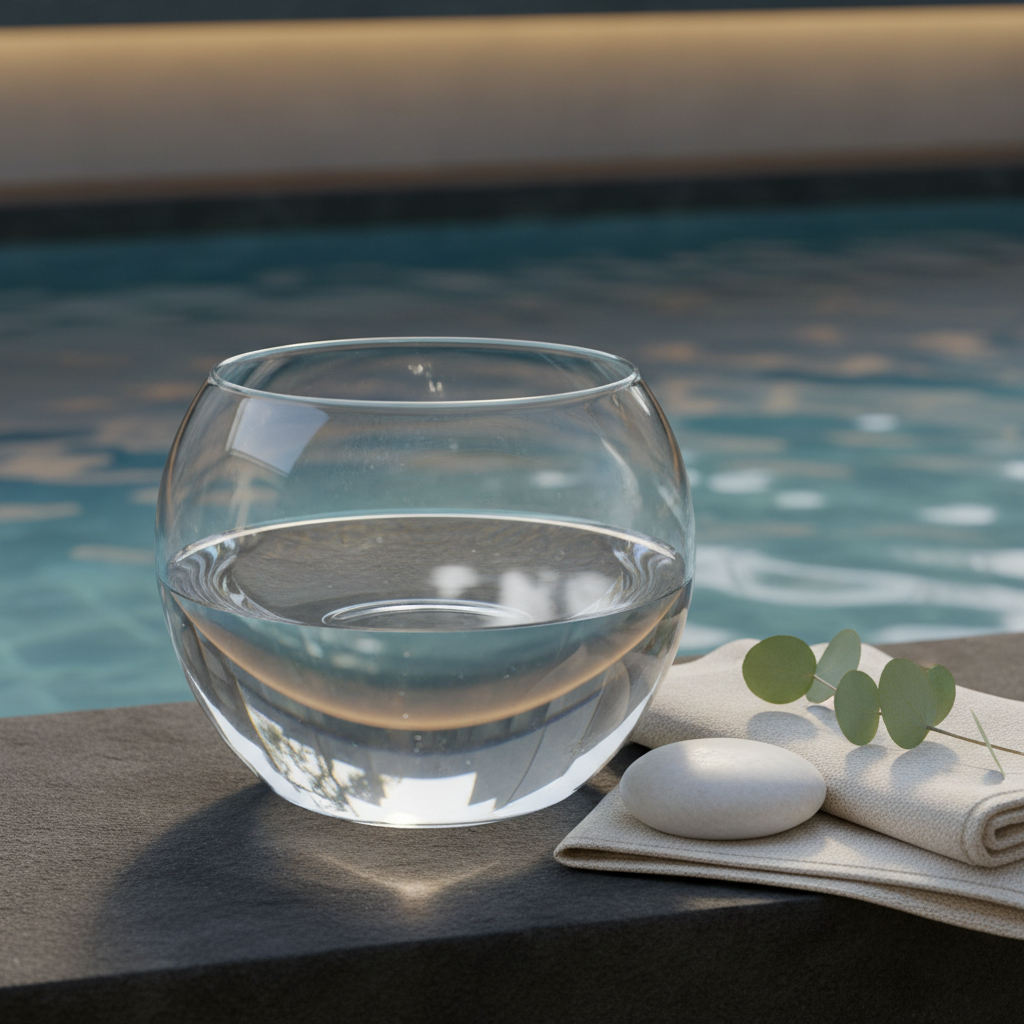 An elegant still life of water therapy elements arranged on a dark, matte stone ledge beside a calm pool. A large, clear glass bowl filled with pristine water reflects the pool’s soft blue, while a polished white river stone and a single folded, cream-colored linen towel rest nearby. A delicate sprig of eucalyptus lies across the towel, adding a hint of organic green. Warm, indirect lighting from hidden wall sconces casts velvety shadows and subtle highlights on the glass and stone. The mood is deeply soothing and refined, suggesting ritual, care, and trust. Captured with a centered composition and shallow depth of field, the water bowl is in sharp focus while the pool’s surface becomes a soft, blurred backdrop. Photographic realism with a modern, spa-like aesthetic.